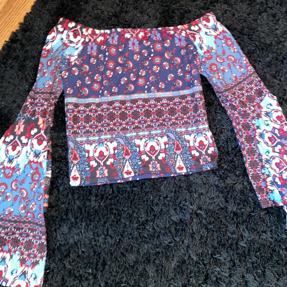 Blue paisley off the shoulder crop top bell sleeve